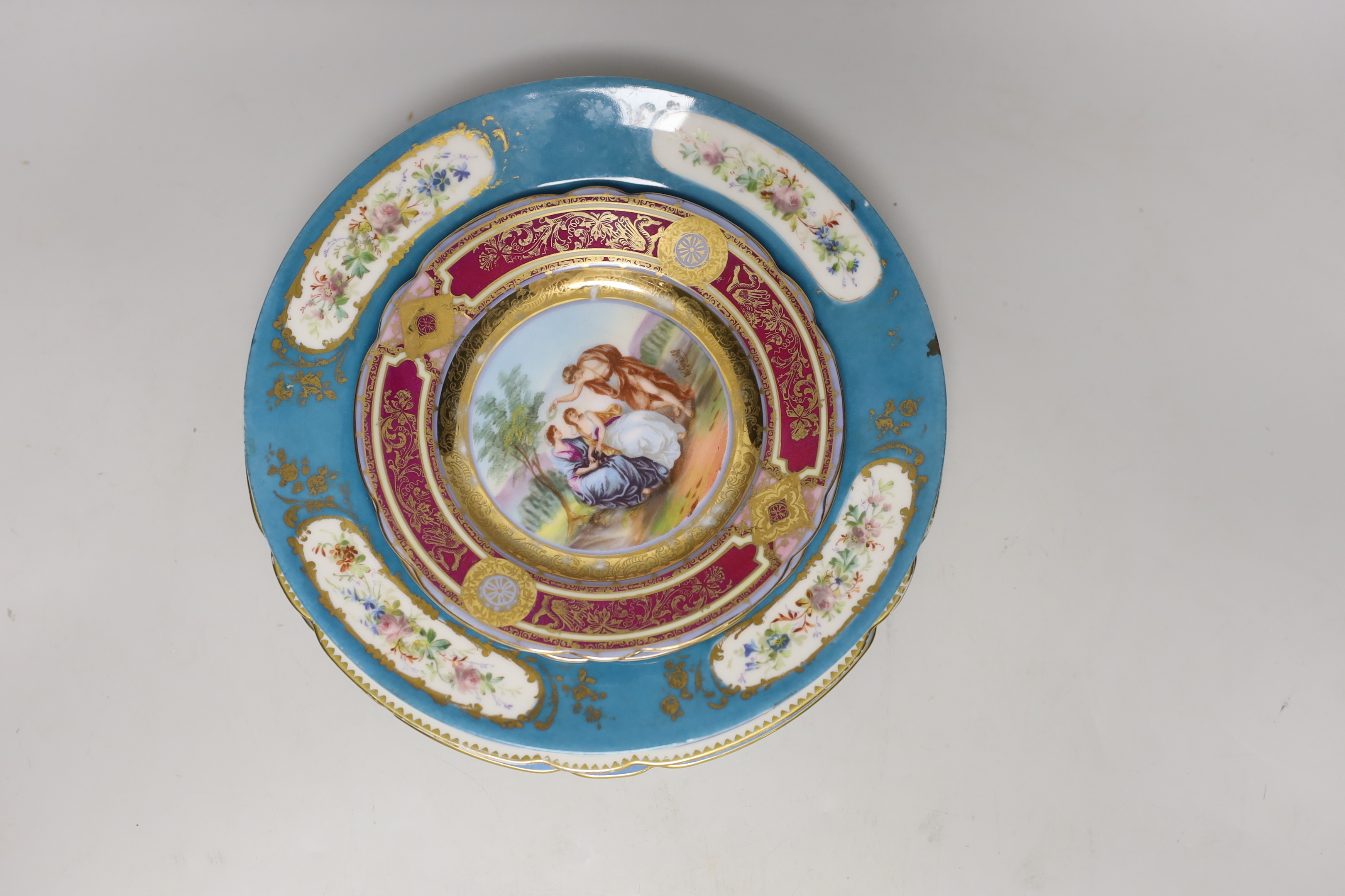 Three Sevres style porcelain cabinet plates and five Continental porcelain saucers, 19th/early 20th century, largest 23.5cm